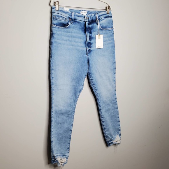 GOOD AMERICAN Light Wash Good Waist Crop Distressed Jeans NWT Sz 15 - Picture 3 of 9